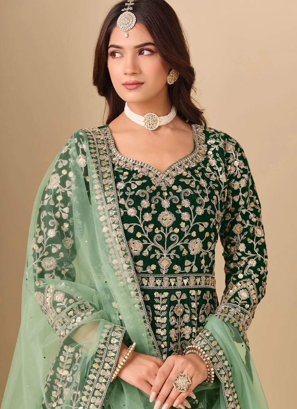 Green Velvet Abaya Style Anarkali Suit