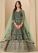 Embroidered Green Velvet Abaya Style Anarkali Suit with Net Dupatta