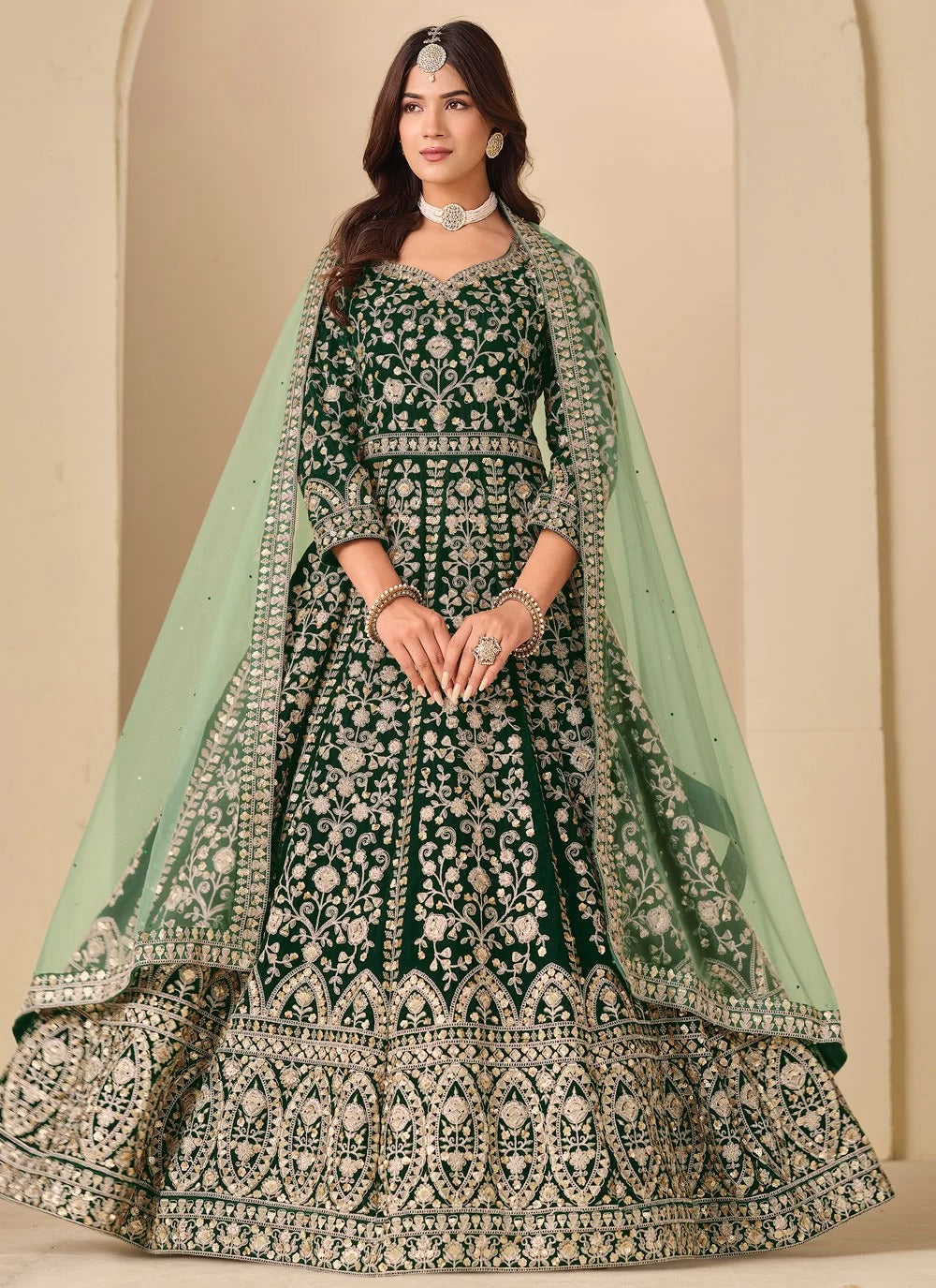Green Velvet Abaya Style Anarkali Suit | Front & Back Embroidery