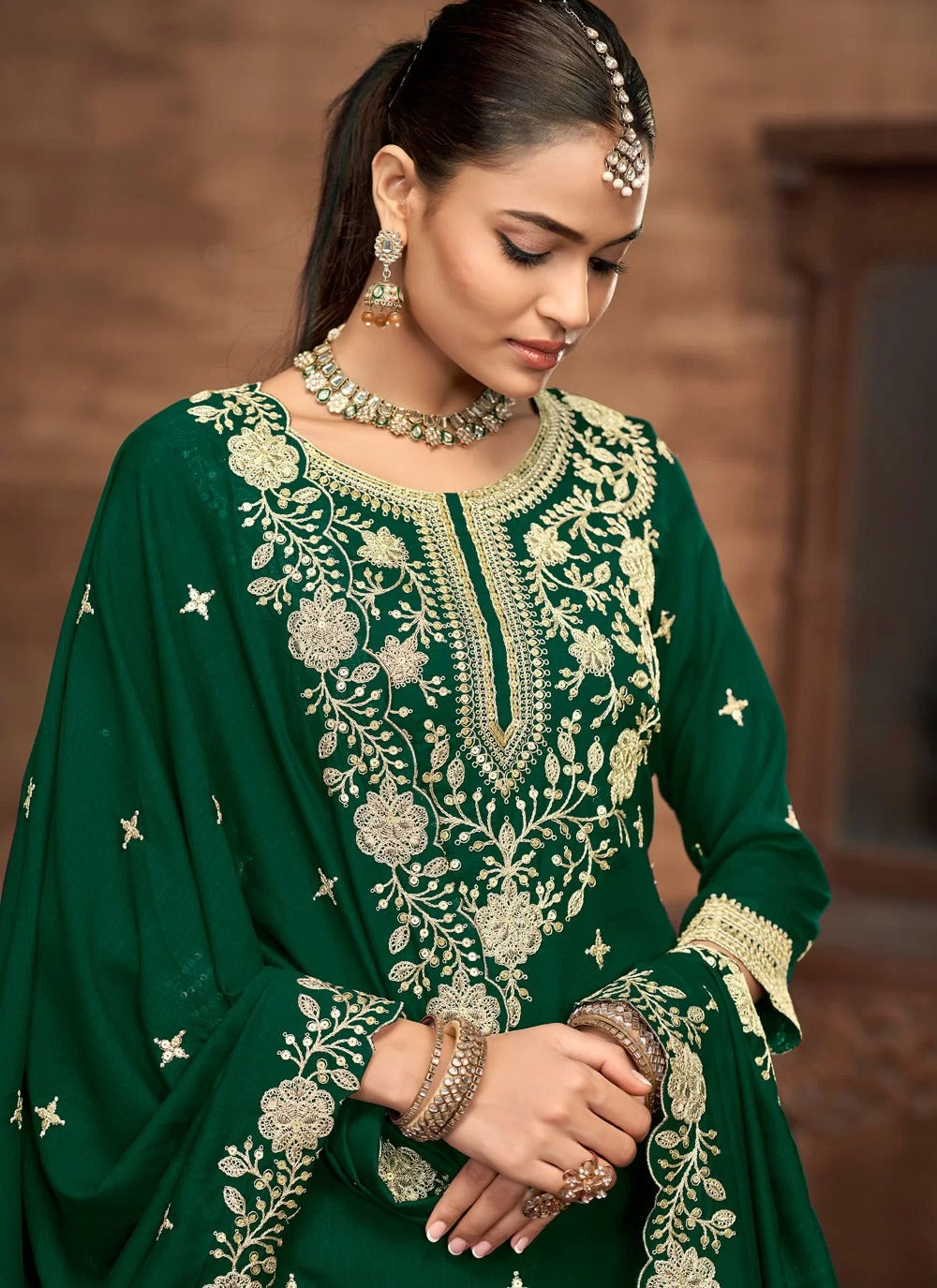 Green Vichitra Silk Readymade Wedding Lehenga