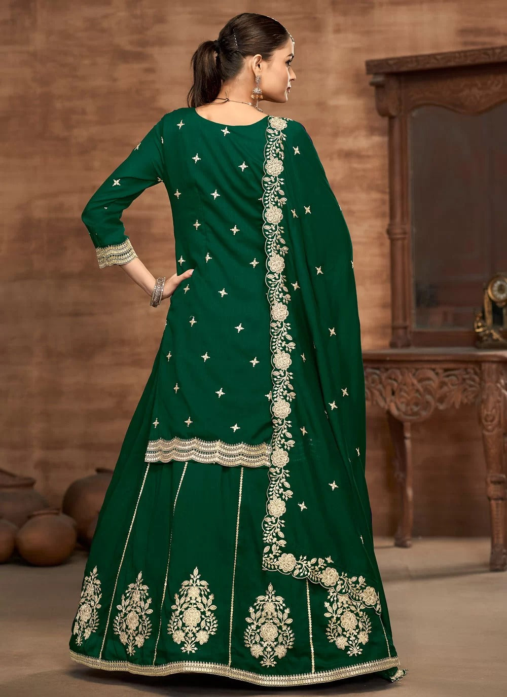 Readymade Wedding Lehenga for Women | Green Vichitra Silk