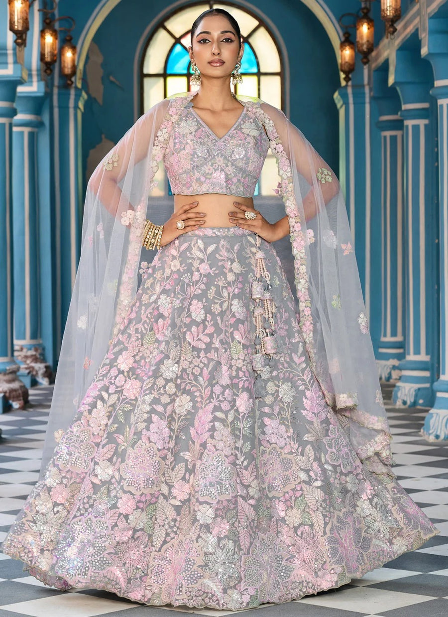 Grey cocktail lehenga with sequins and stone embroidery