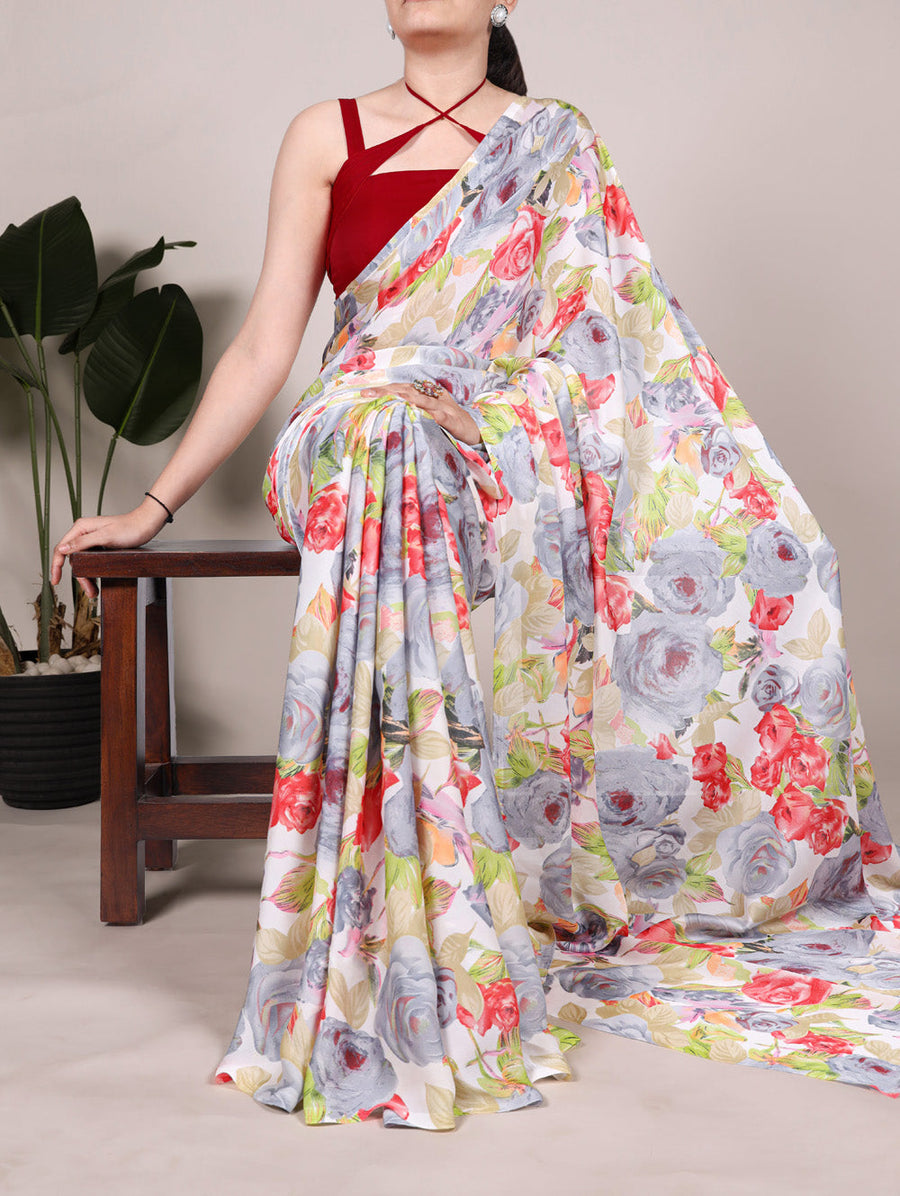 Grey dull satin floral printed saree