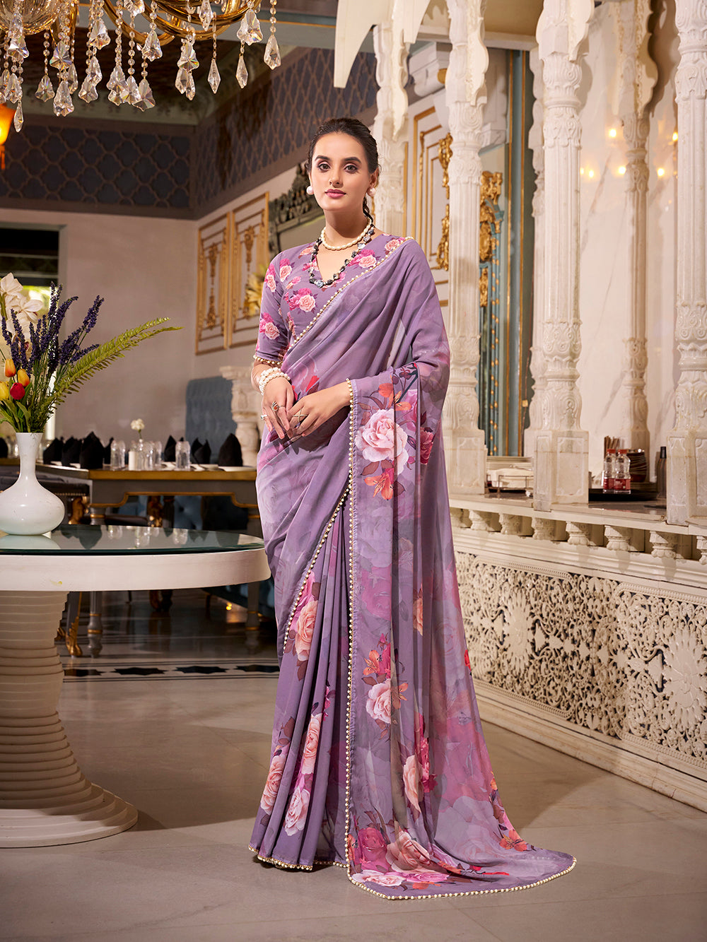 Grey georgette saree with pearl lace border