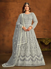 Grey color Resham work Indian Anarkali In Net