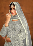 Grey color Resham work Indian Anarkali In Net