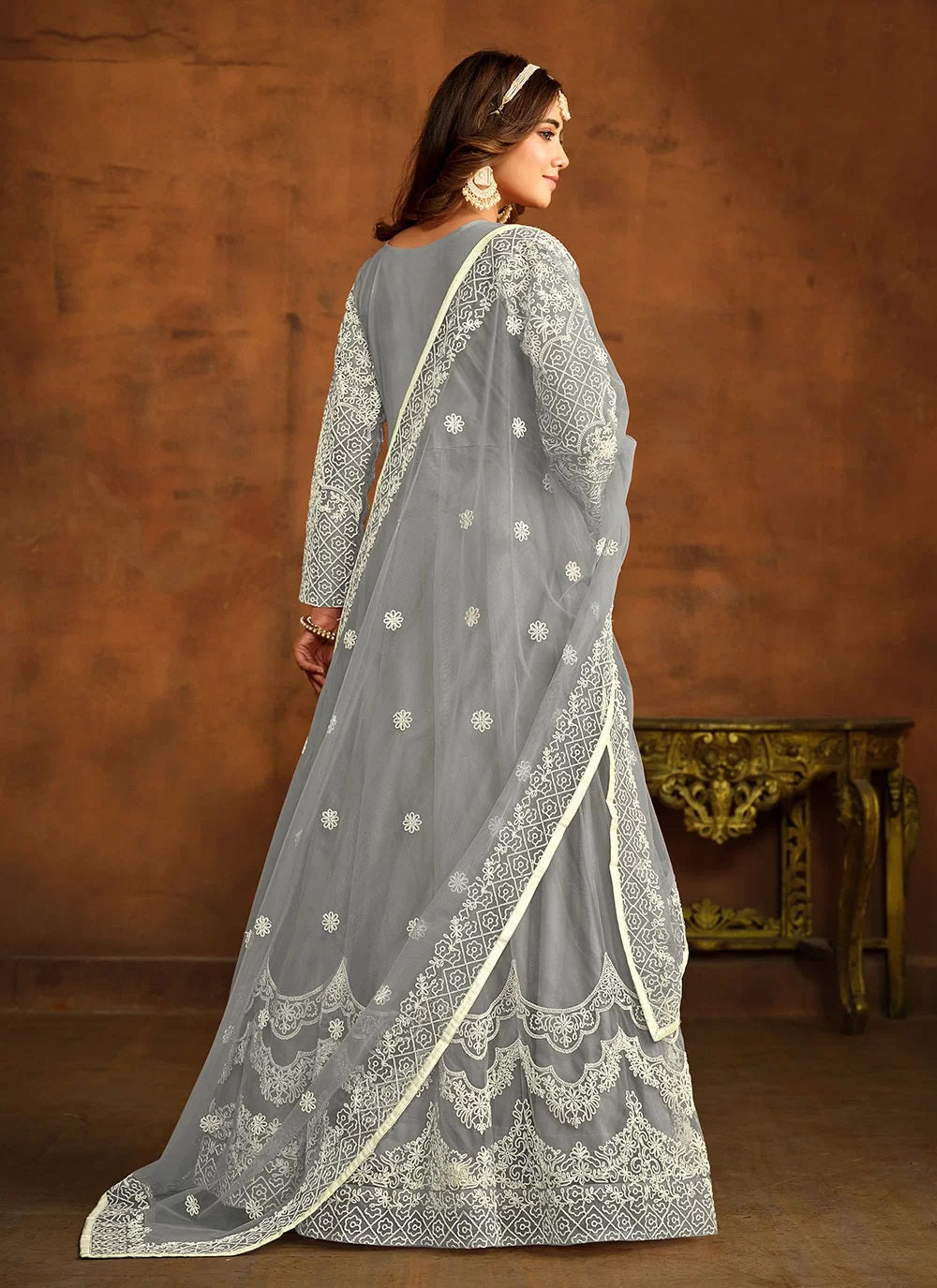 Buy Grey color Resham work Indian Anarkali In Net | Gunj fashion Unstitched Buy Grey color Resham work Indian Anarkali In Net | Gunj fashion Unstitched