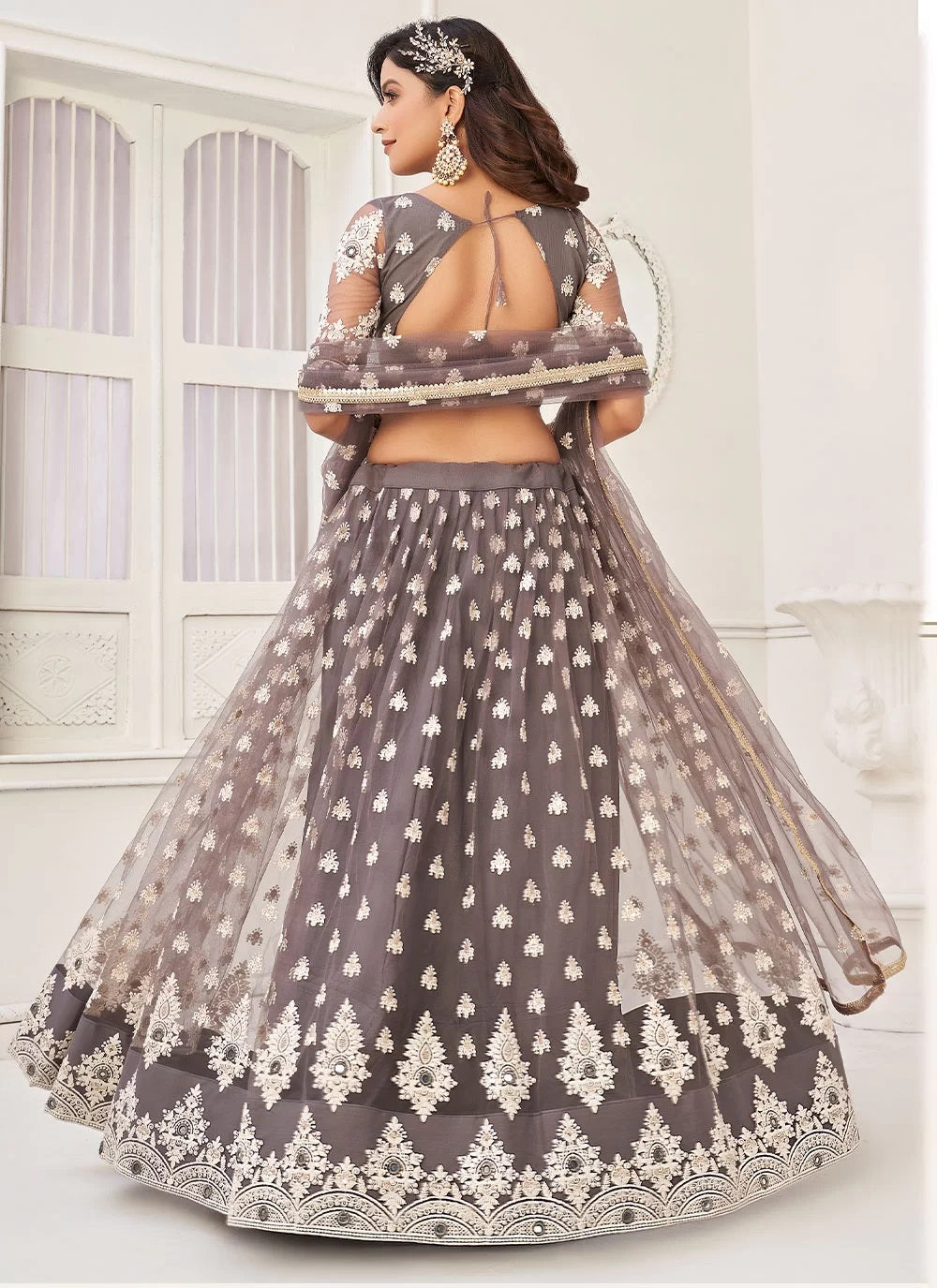 Grey Color Sequins Thread Embroidery Lehenga In Net