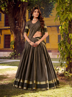 Grey Color Chex With Zari weaving Work Chettinad Cotton Lehenga Choli