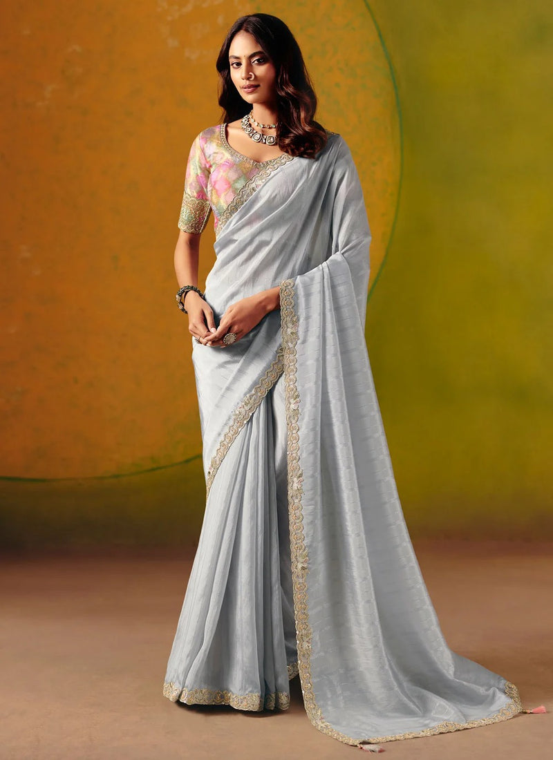 Grey Embroidered Saree for Evening Party