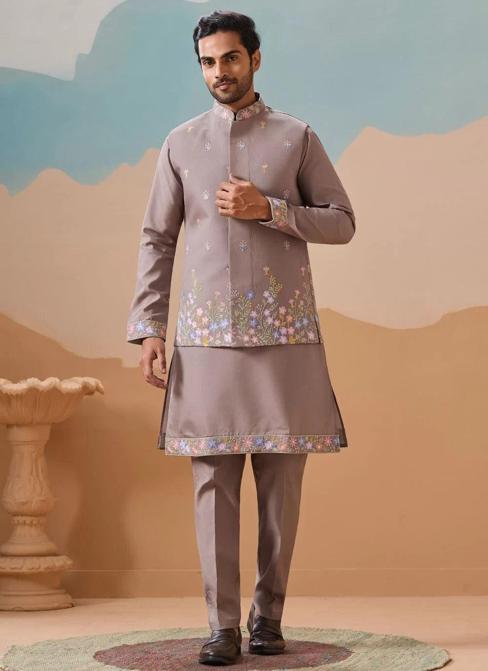 Embroidered Koti Kurta Set for Men | Grey Wedding Ethnic Wear