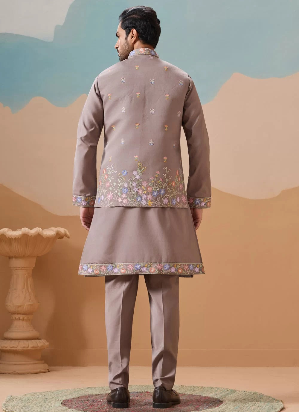 Embroidered koti kurta set for men in grey viscose silk
