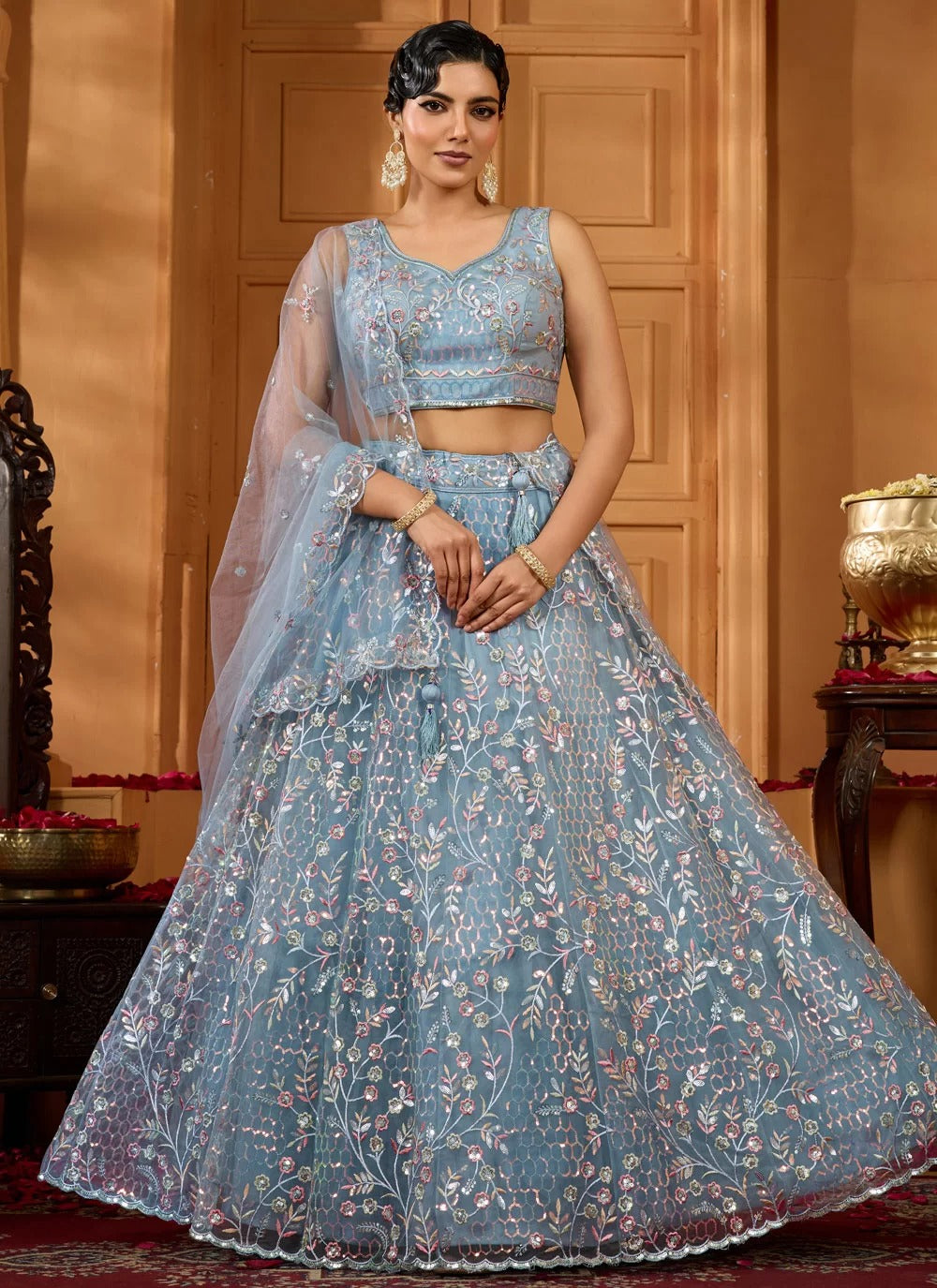 Grey net evening lehenga with elegant party wear look