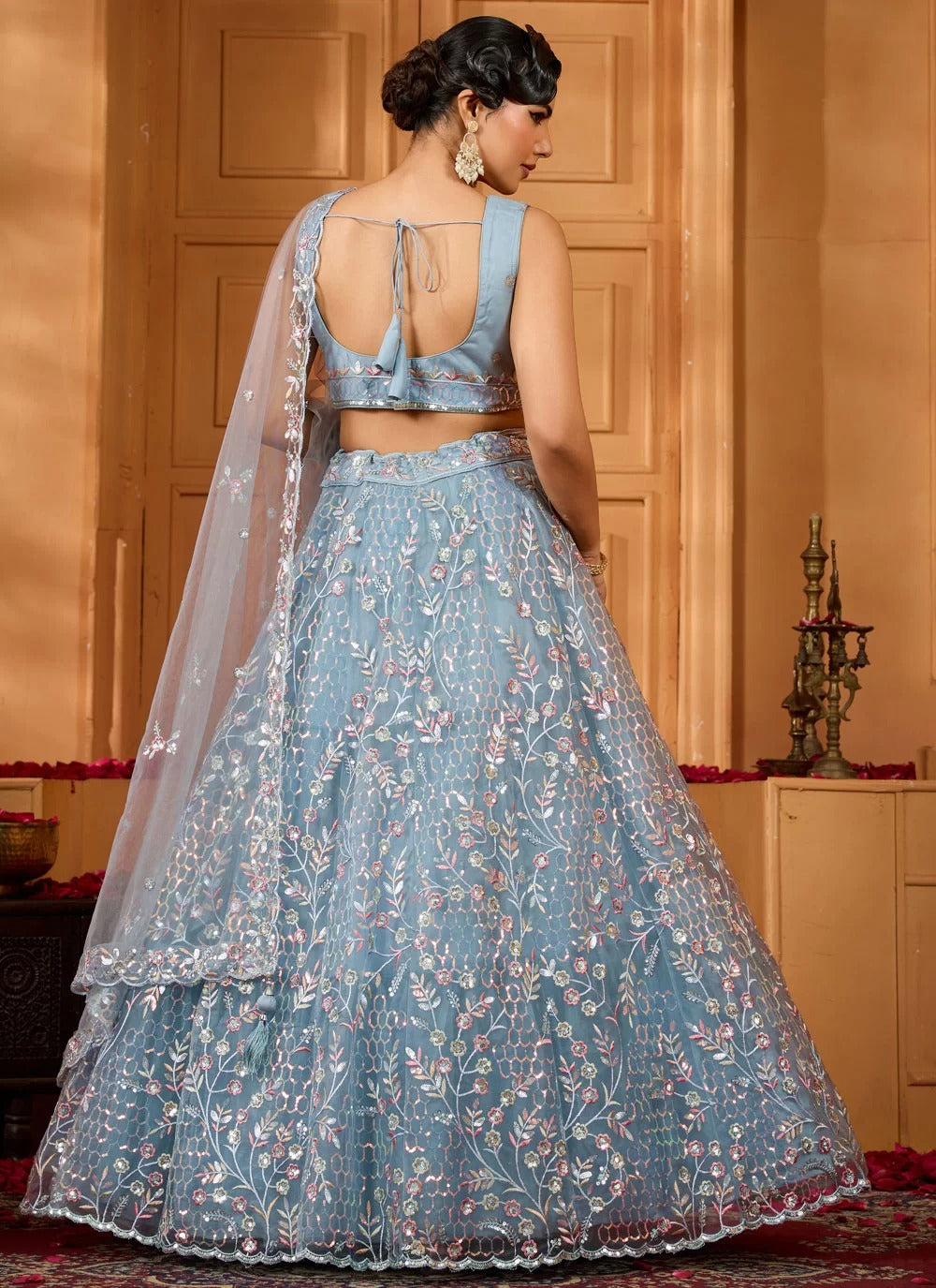 Grey net dupatta with cutwork embroidered border