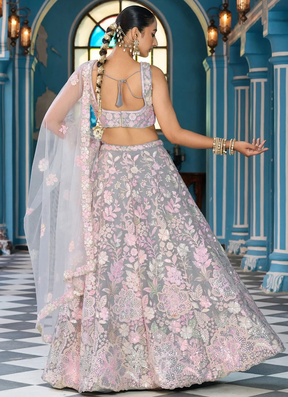 Grey Cocktail Lehenga with Sequins, Stone & Coding Embroidery Work