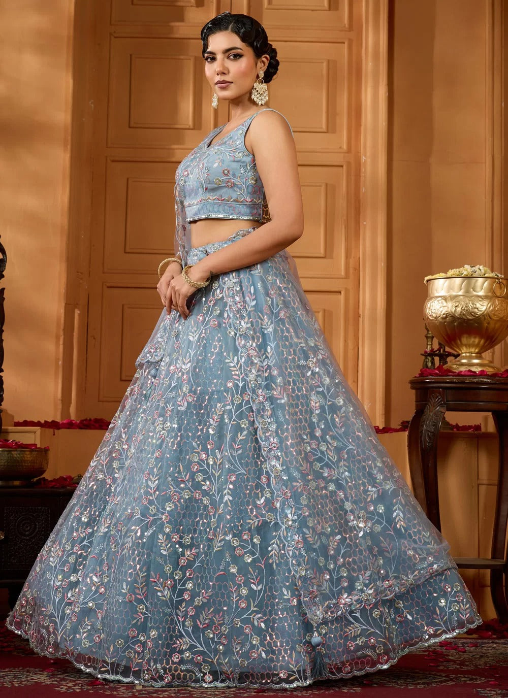 Threadwork cutwork hemline detail on grey lehenga