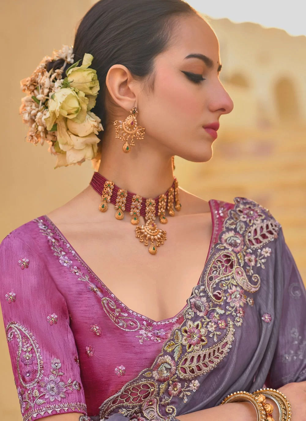 Grey Organza Silk Saree with Stone & Embroidery Cutwork Border