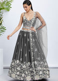 Grey Poly Georgette Sequins and Thread Embroidered Wedding Lehenga