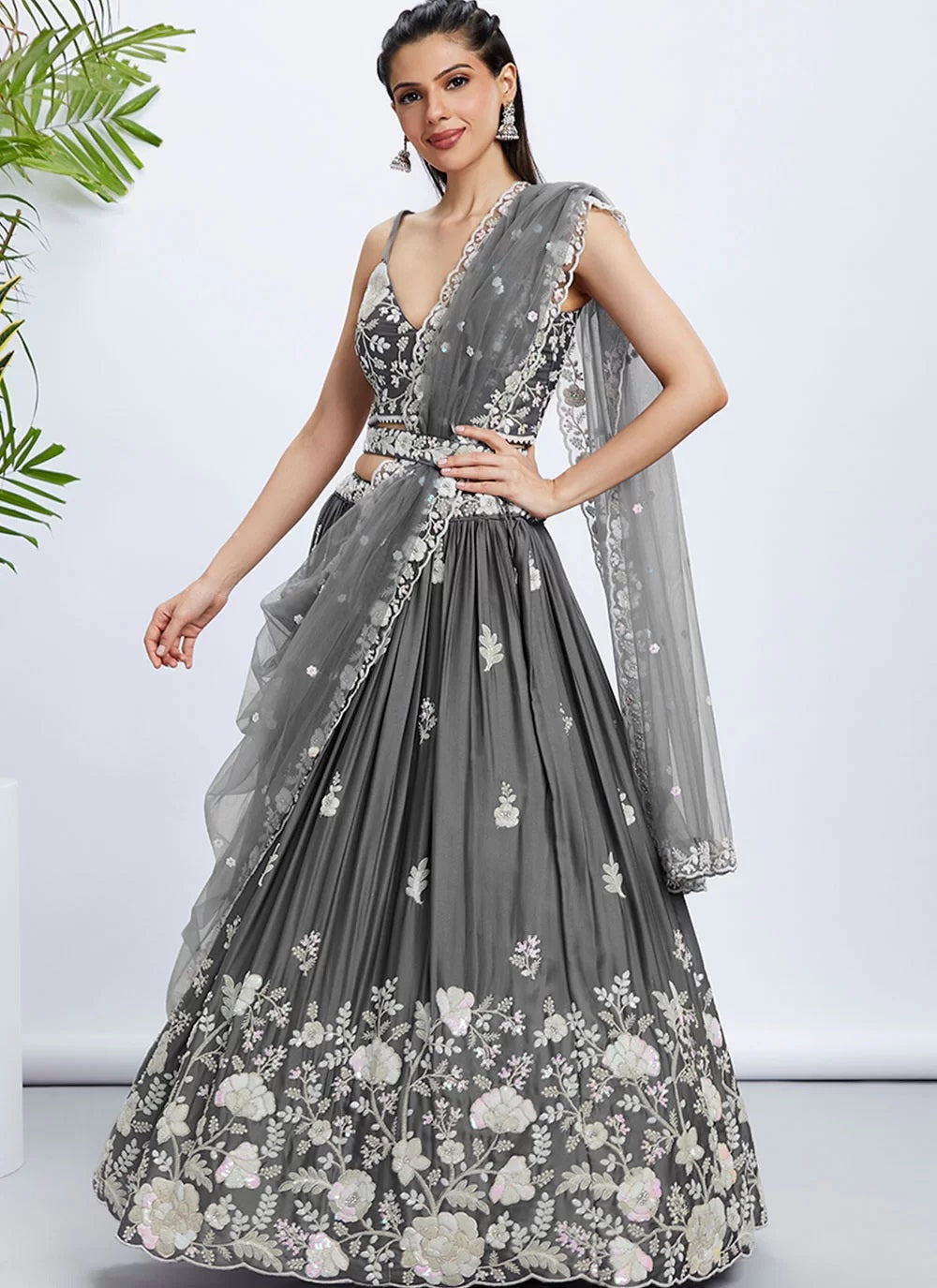 Grey Poly Georgette Sequins and Thread Embroidered Wedding Lehenga