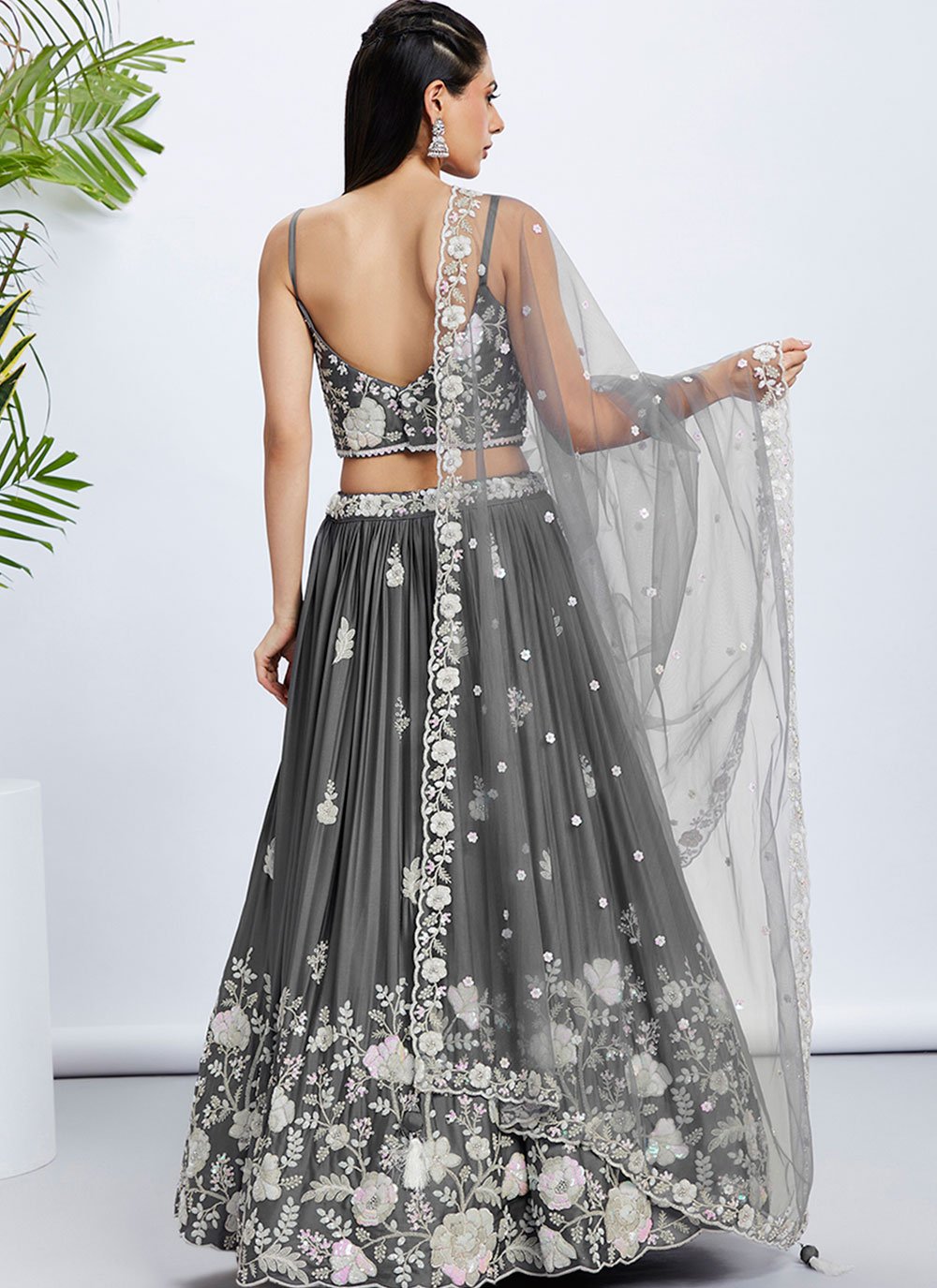 Grey Poly Georgette Sequins and Thread Embroidered Wedding Lehenga