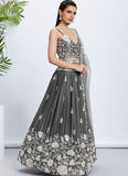 Grey Poly Georgette Sequins and Thread Embroidered Wedding Lehenga