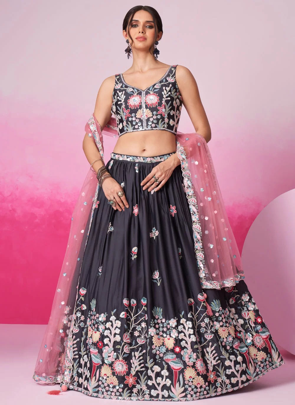 Grey Satin Traditional Lehenga with Sequins Embroidery for Indian Functions