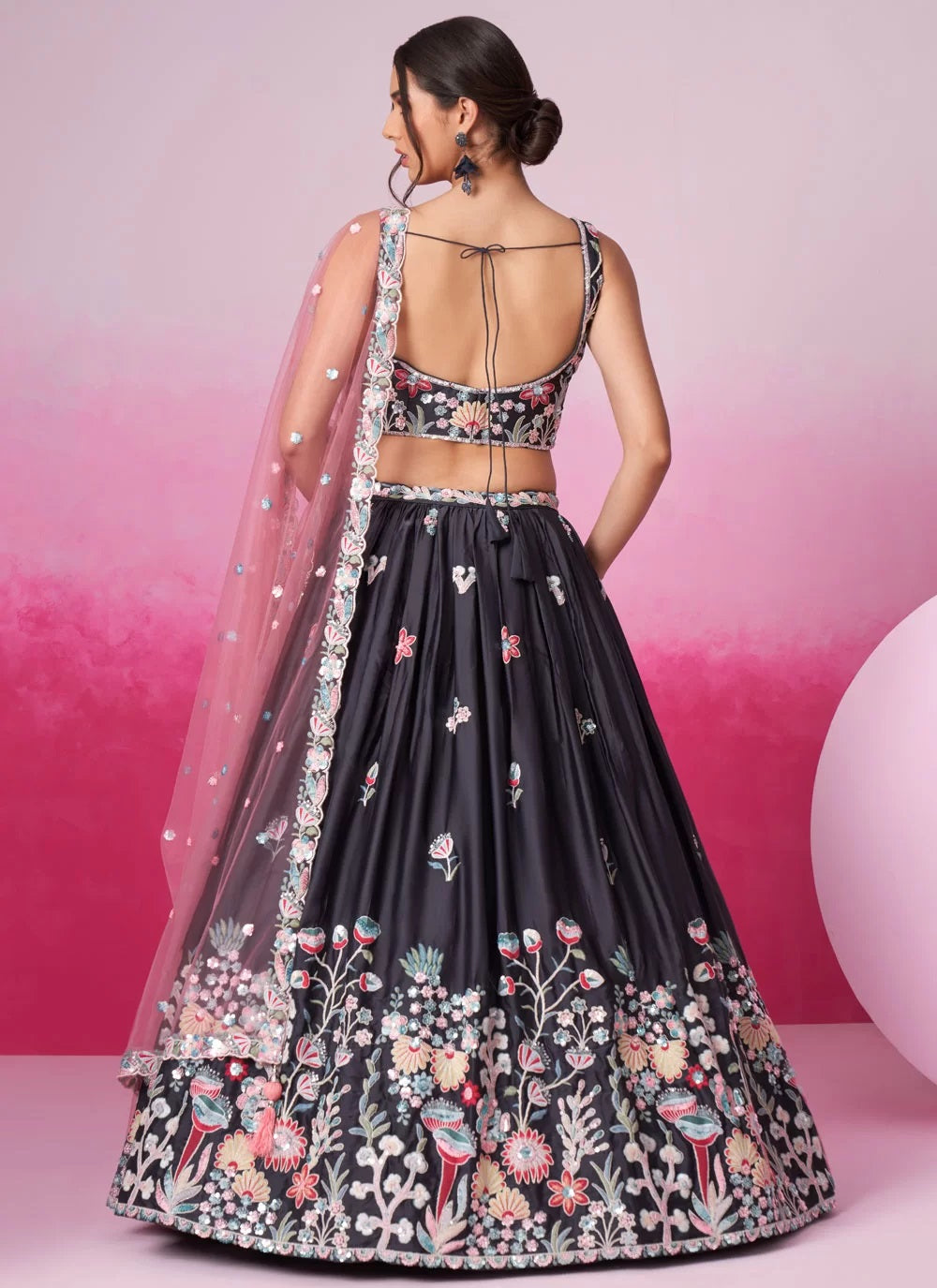 Grey Satin Traditional Lehenga with Sequins Embroidery for Indian Functions