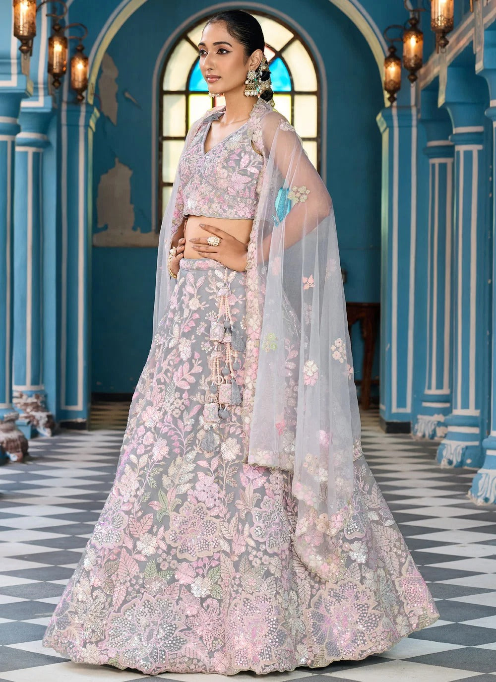 Grey Cocktail Lehenga with Sequins, Stone & Coding Embroidery Work