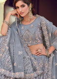 Grey Soft Net Sequins Thread and Zari Work Lehenga