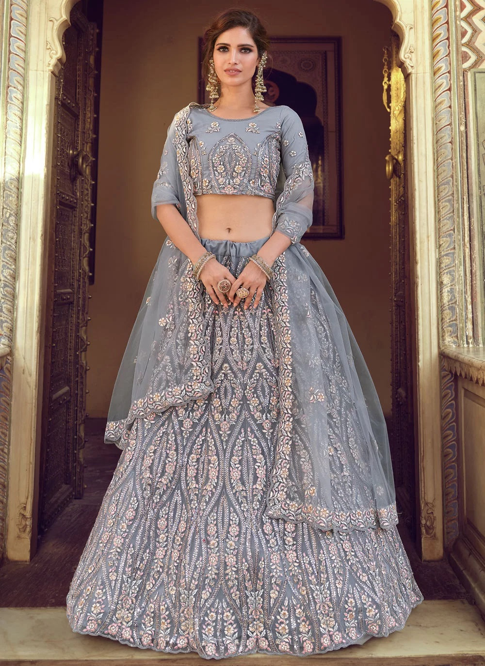 Grey Soft Net Sequins Thread and Zari Work Lehenga