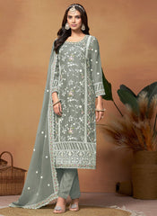 Grey Soft Organza Embroidery Pakistani Suit