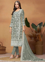 Grey Soft Organza Embroidery Pakistani Suit