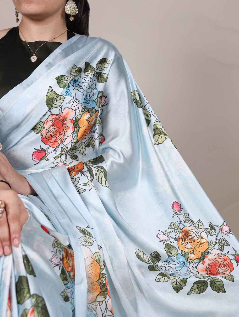 Floral printed sky blue saree with mehendi blouse