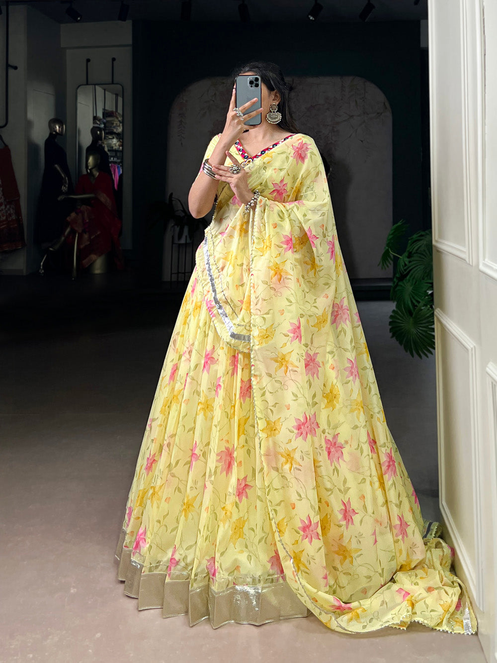 Floral Printed Blouse with Real Mirror & Gotta Patti Lace