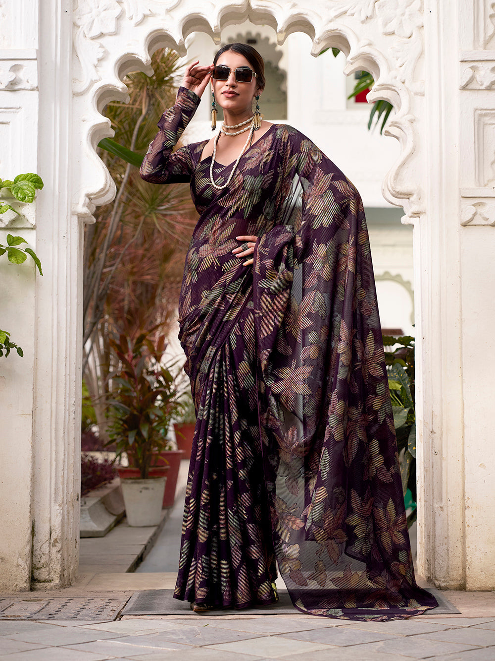 Wine color festive brasso saree for women