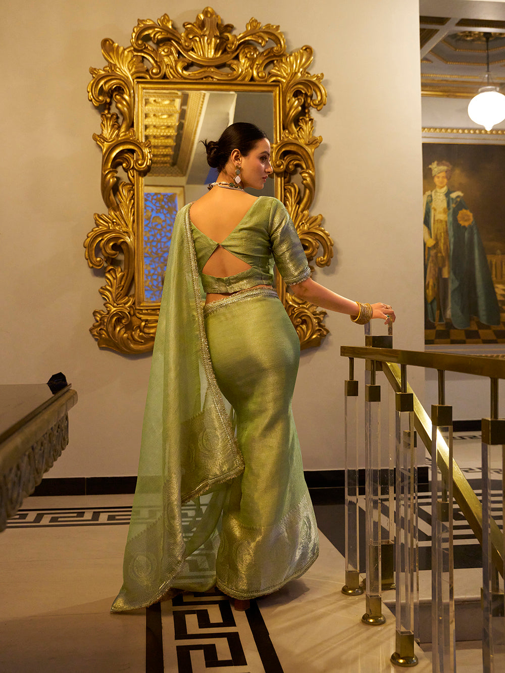 Tissue shimmer saree with sky blue blouse