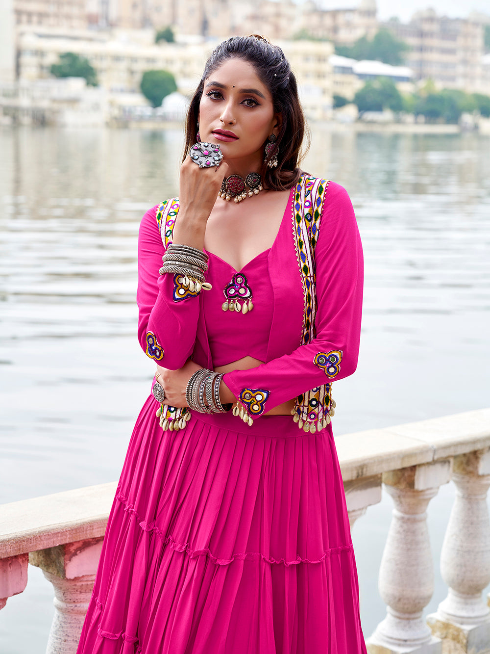 Pink lehenga set with 10-meter flair