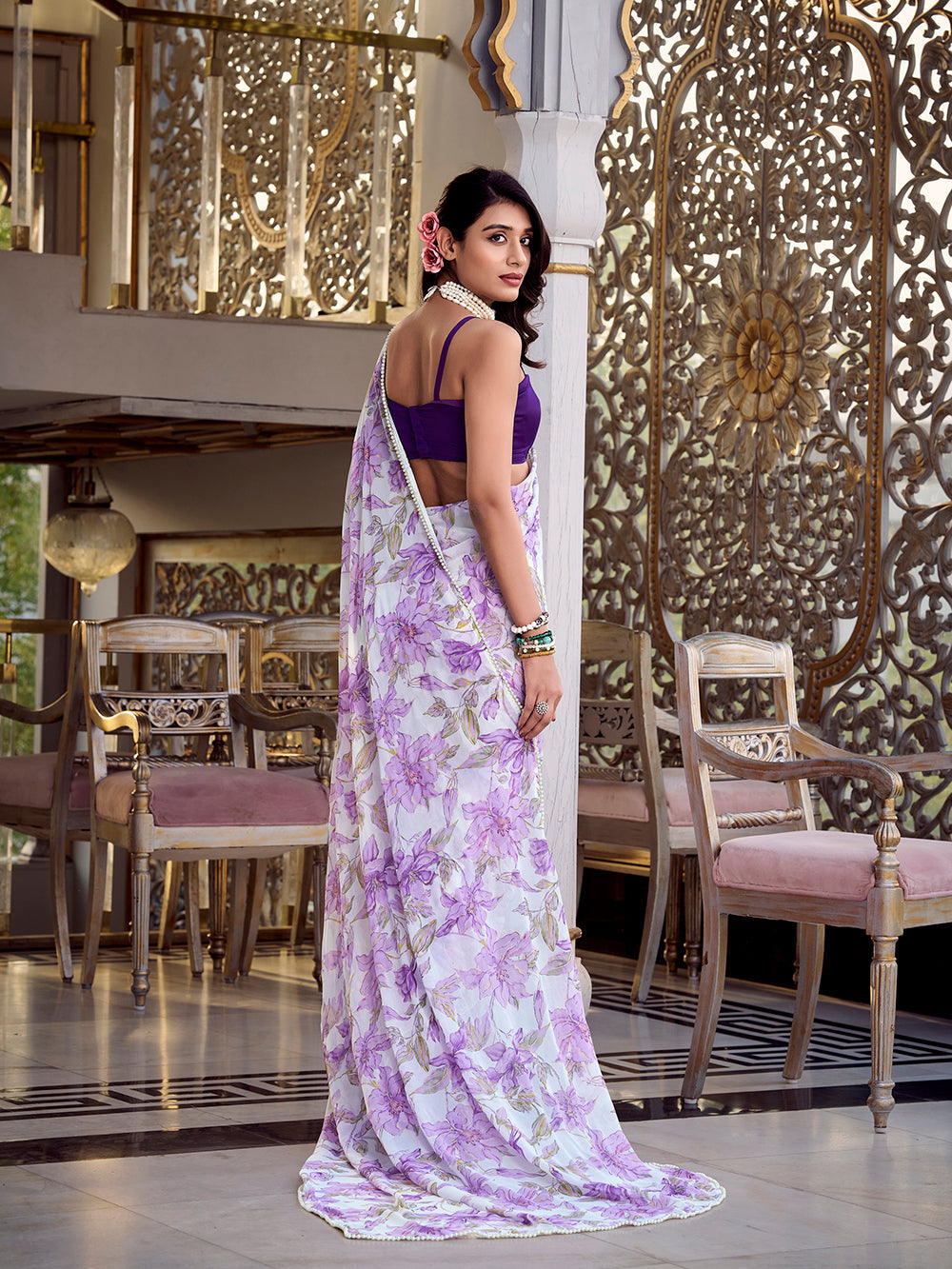Soft lavender printed saree with blouse fabric