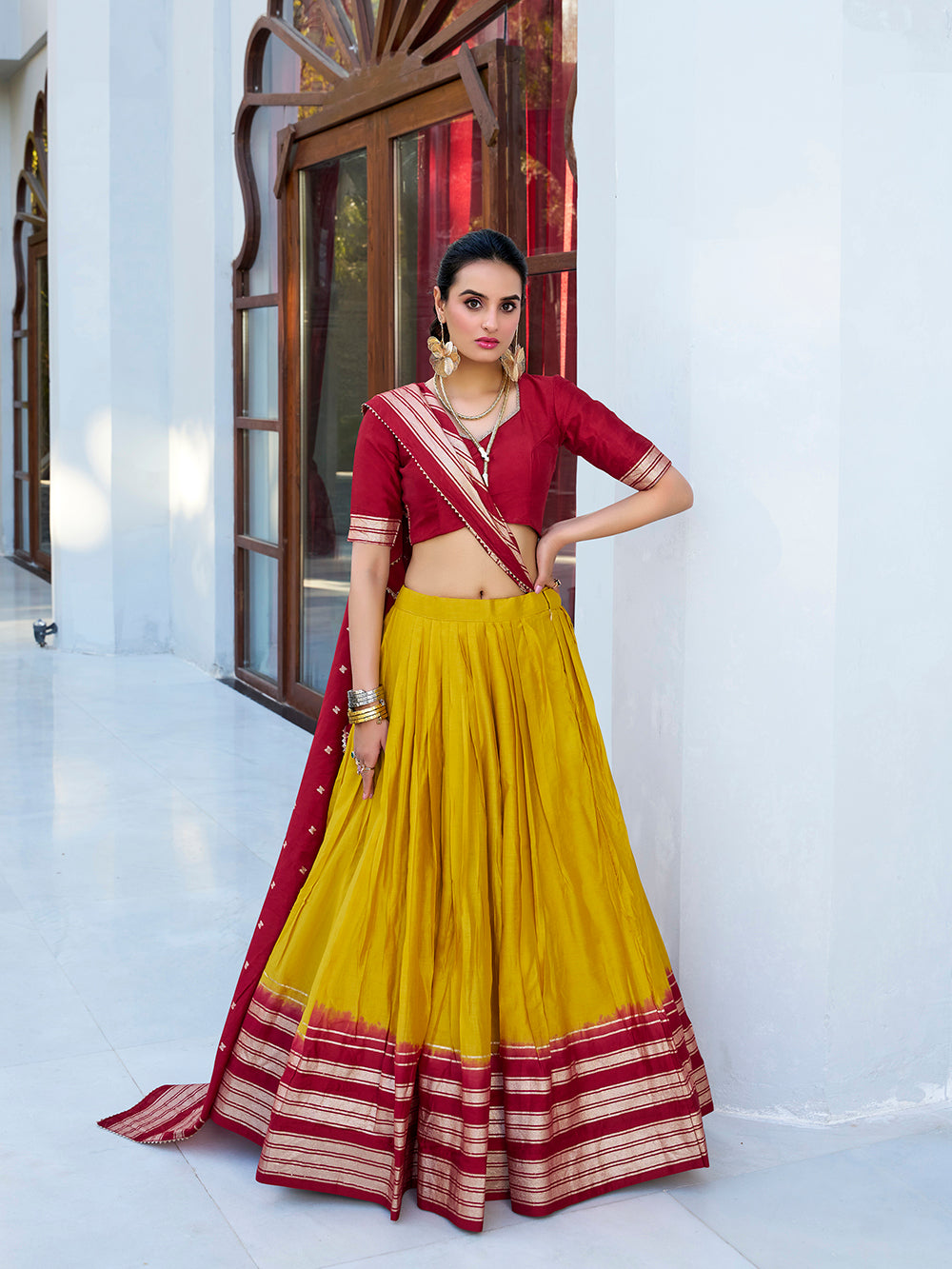 Yellow Color Plain With Zari Weaving Work border Pure Chanderi Lehenga Choli