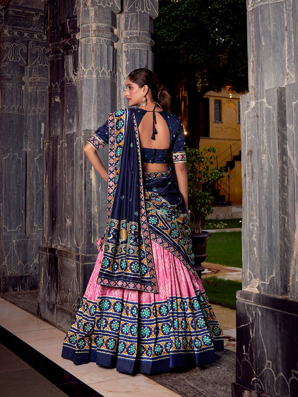 Light Pink Color Ikkat Patola Printed Tasar Silk Lehenga Choli