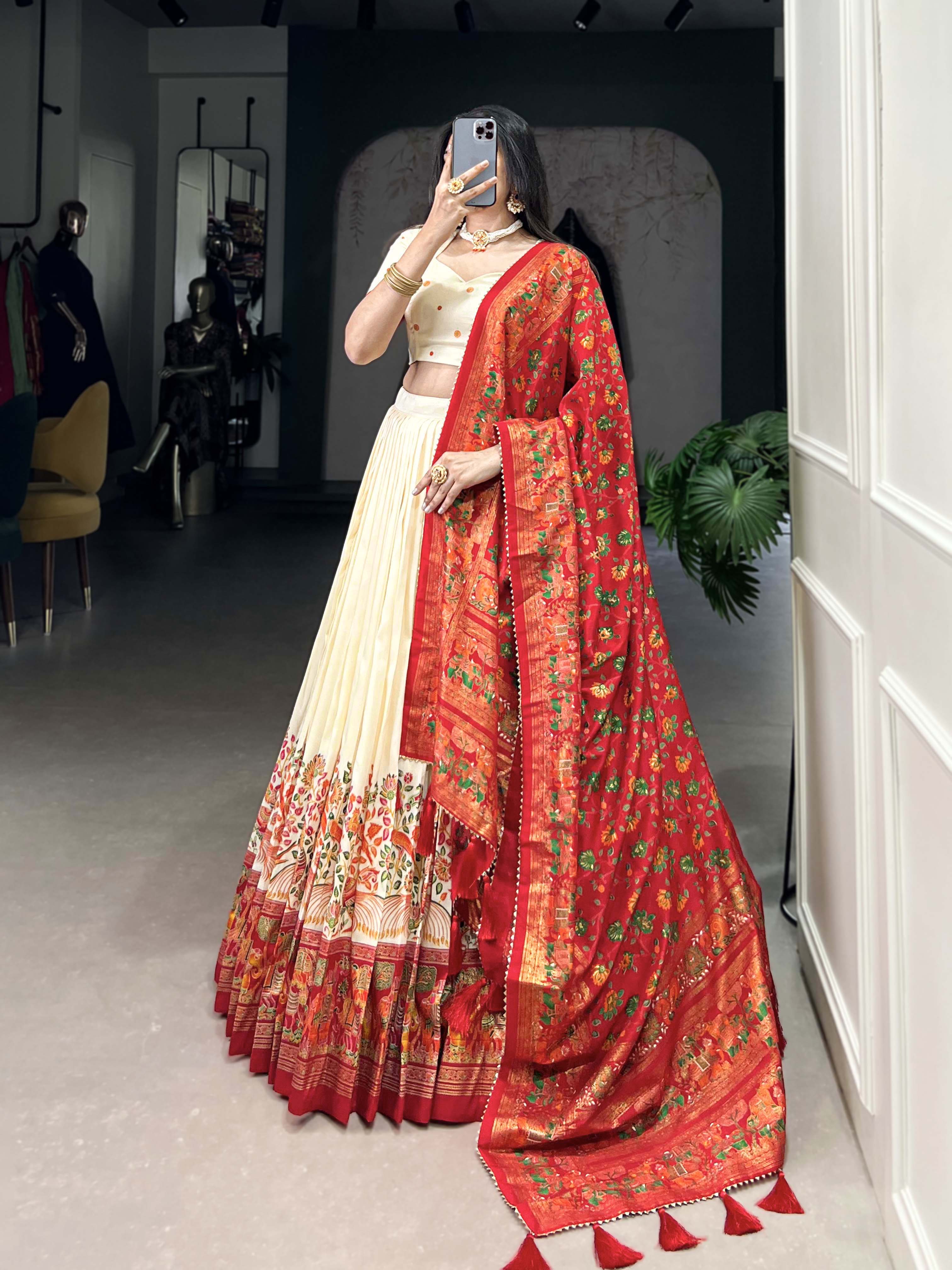 Off White Color Printed Foil Work Tussar Silk Lehenga Choli