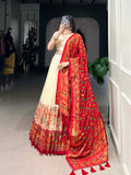 Off White Color Printed Foil Work Tussar Silk Lehenga Choli