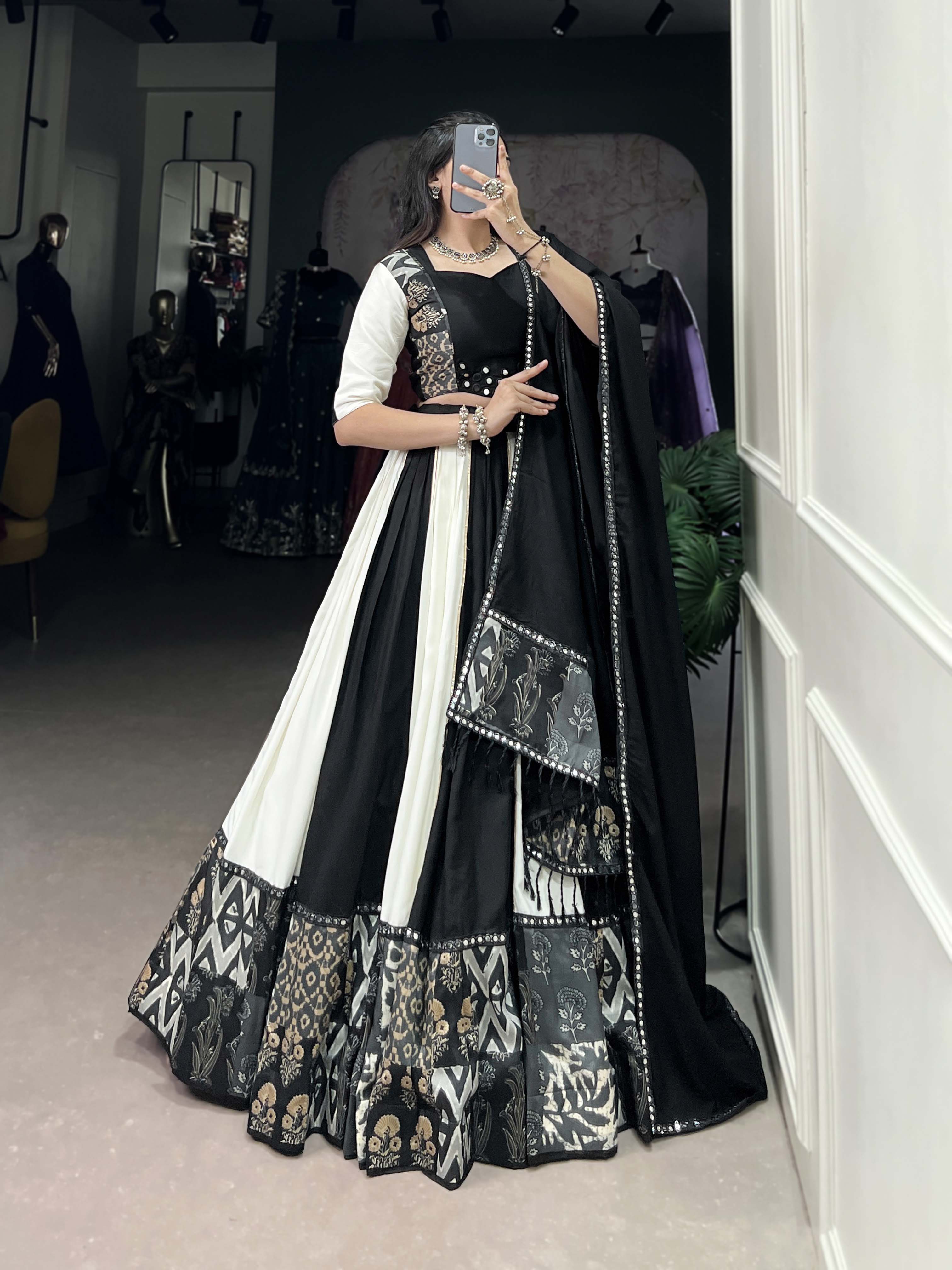 Black Color Plain And Printed With Paper Mirror Work Rayon Lehenga Choli