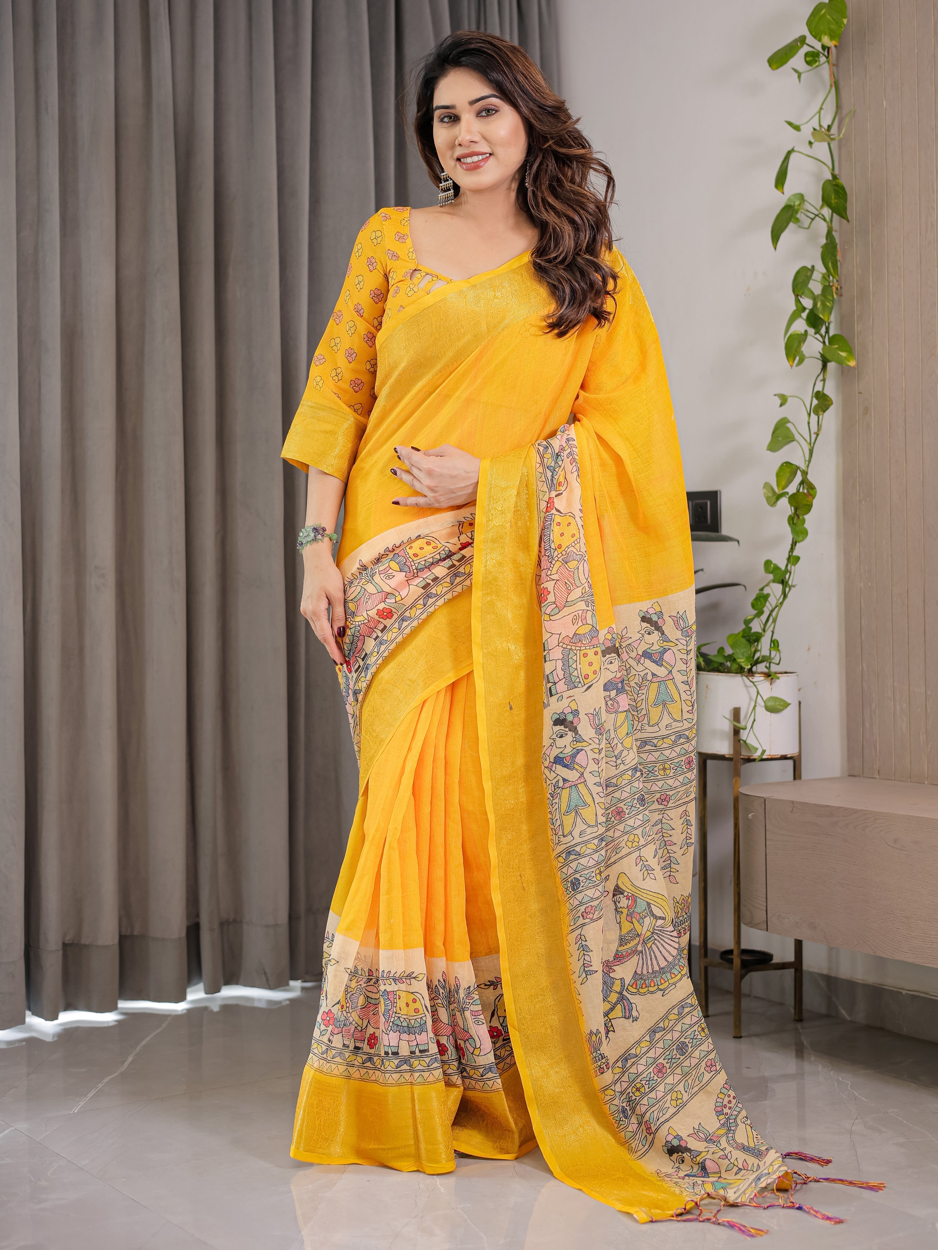 Gunj Fashion yellow cotton linen saree