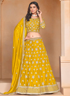 Yellow organza haldi special lehenga with embroidery work