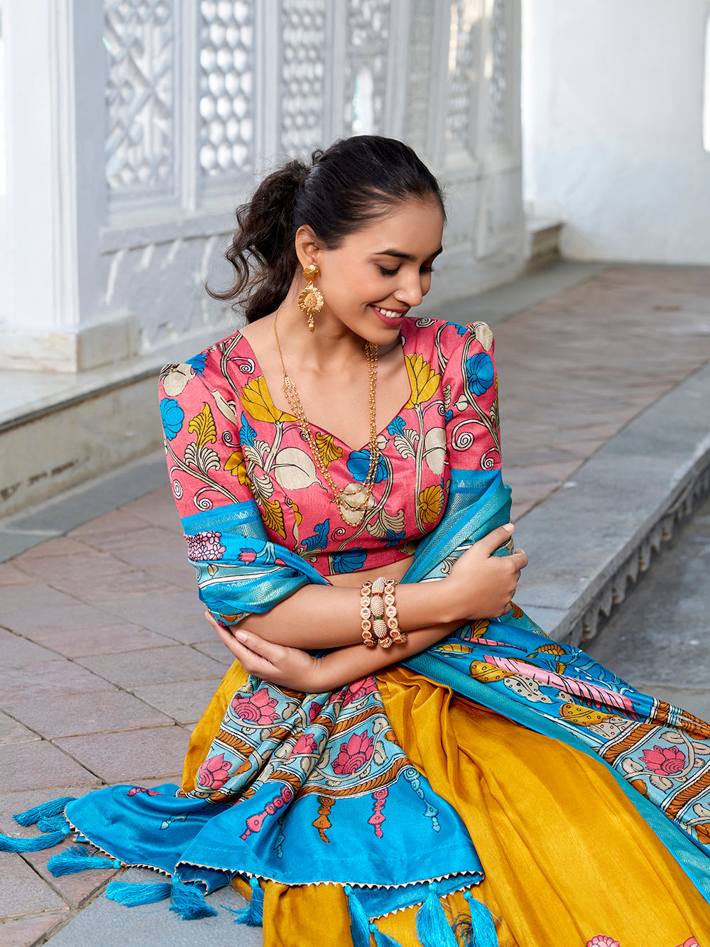 Yellow Color Printed (Kalamkari) With Zari Weaving Border Jacquard Silk Lehenga Choli