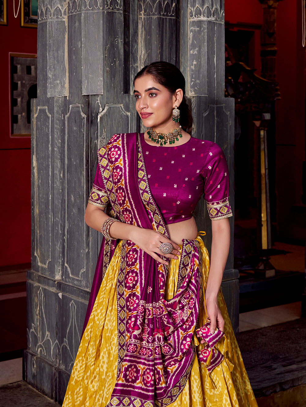 Mustard lehenga with embroidered wine blouse and dupatta