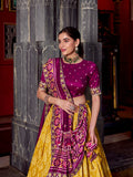 Mustard lehenga with embroidered wine blouse and dupatta