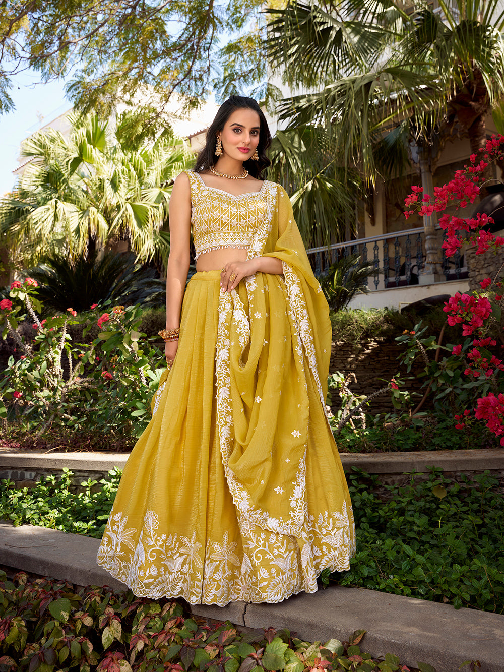 Yellow Color Sequins And Thread Embroidery Work Gold Crush Haldi Lehenga Choli
