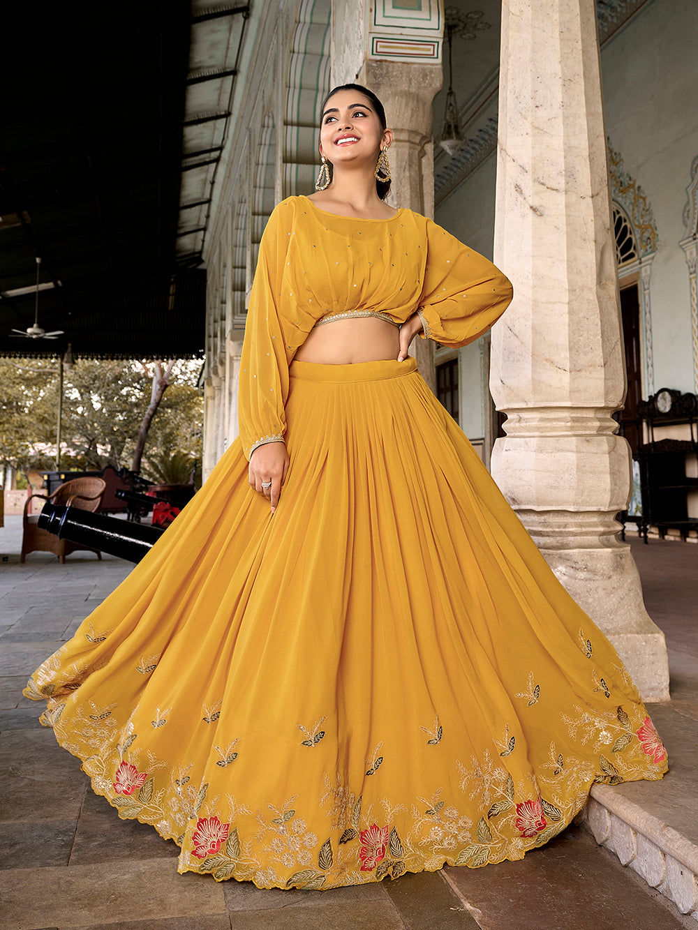 Mustard color georgette lehenga with stitched blouse